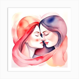 Two Women Kissing Watercolor Illustration Art Print