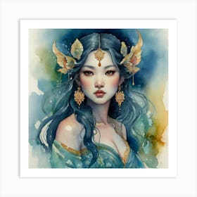 Asian Girl The Magic of Watercolor: A Deep Dive into Undine, the Stunningly Beautiful Asian Goddess Art Print