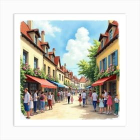 French Village Festival In Watercolor With Colorful Decorations And Lively Crowds 1 Art Print