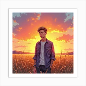 Watercolor Of Justin Bieber In A Field, Under A Vibrant Sunrise Art Print