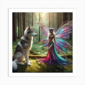 Fairy in the woods with a wolf Art Print