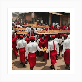 Red Men Carrying Food Art Print