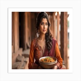 Indian Woman Holding A Bowl Of Food Art Print