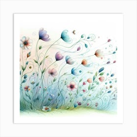 Whimsical Watercolor Painting Of Whimsical Wildflowers Dancing In The Wind, Style Watercolor Illustration 1 Art Print