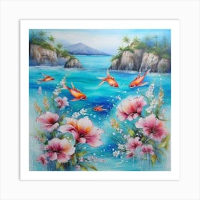 Goldfish And Flowers Art Print