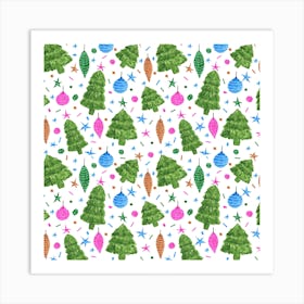 Christmas Trees And Bulbs Pink Blue Green Art Print