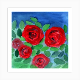 Rose Garden - square red green blue flower floral Art Print