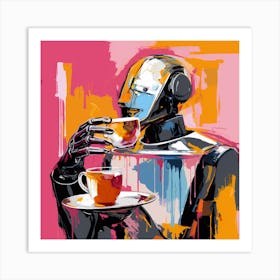 Robot Drinking Coffee Art Print