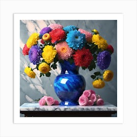 Chrysanthemums with Pink Roses on Marble Tabletop Art Print