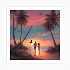 Two lovers walking on the beach at sunset 1 Art Print