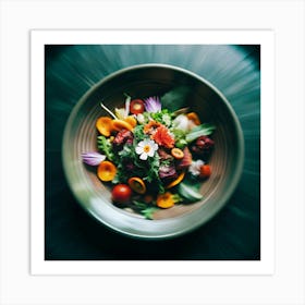 A close-up shot of a salad with colorful flowers and vegetables. Art Print