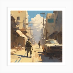 Soldier Walking Down A Street Art Print