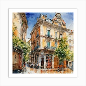 Watercolor drawing of people walking down a street in the center of Old Neighborhood Art Print