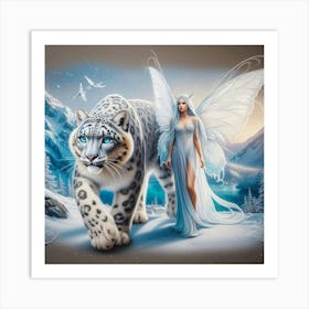 Snow Leopard and the Fairy  Art Print