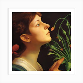 Woman Smelling Flowers Art Print