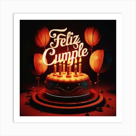 Feliz cumple and Feliz cumpleaños sign means Happy Birthday in Spanish language, Birthday party celebration gift with birthday cake candle colorful balloons best congratulation over light background wall artFeliz Cumple 2 Art Print