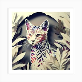 Exquisite Paper-Cut Cat with Leafy Surroundings Art Print