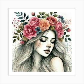 woman portrait with flowers head crown 1 Art Print