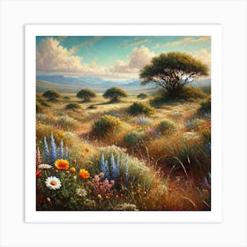 An Oil Painting Of A Field Of Wild Flowers In The Karoo, South Africa.AI 1 Art Print