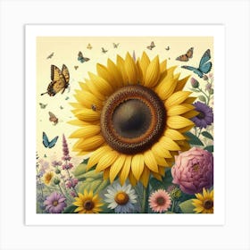 Sunflowers And Butterflies Art Print