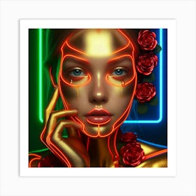 Neon Girl With Roses Art Print