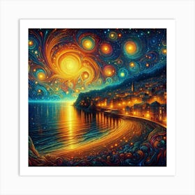 Coastal town on the shore in a starry night, psychedelic painting art Art Print