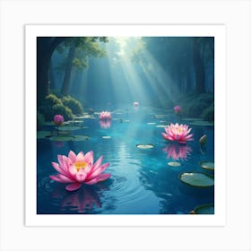 Enchanting Watercolor Lake With Glowing Lotus Blossoms 1 Art Print