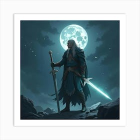 Elven Warrior With Glowing Sword, Standing In Moonlight 1 Art Print