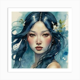 Asian Girl With Blue Hair The Magic of Watercolor: A Deep Dive into Undine, the Stunningly Beautiful Asian Goddess Art Print