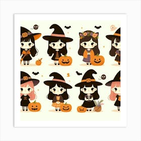 Cute Halloween Vintage Witches - Vector style Illustration Art Print