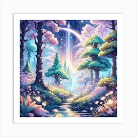 A Fantasy Forest With Twinkling Stars In Pastel Tone Square Composition 133 Art Print