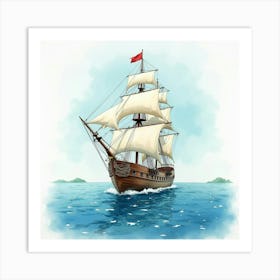 Majestic Galleon Navigating Watercolor Peaceful Seas 1 Art Print