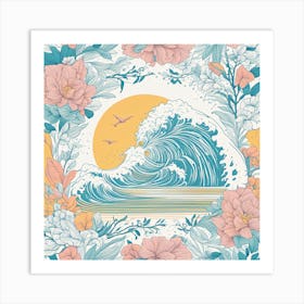 Sea Wave With Flowers Art Print