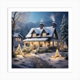 Christmas House At Night paintings art print 1 Art Print