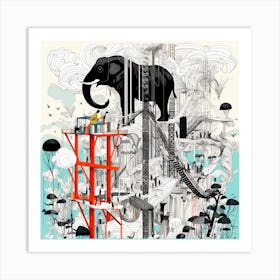 Elephant On Top Of A Building Art Print