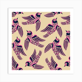 BIRDS FLYING HIGHER Cute Nature Wildlife in Midnight Blue Hot Pink Sand Art Print