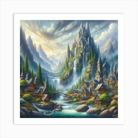 Fantasy Inspired Acrylic Painting Of A Whimsical Village Nestled Among Towering Mountains And Cascading Waterfalls, Style Fantasy Art 1 Art Print
