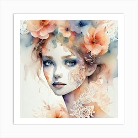 Watercolor Of A Girl With Flowers 8 Art Print