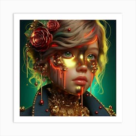 Gold Girl With Roses Art Print