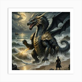 Black Dragon On The Beach Art Print