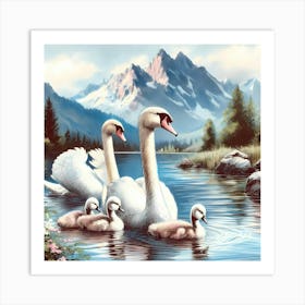 Swan Family in Mountain Lake Color Painting - Wild Bird Artwork 149 Art Print