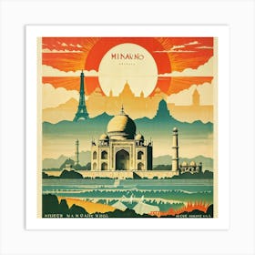 A Vintage Travel Poster Features A Collage Of Major Historical Landmarks From Different Continents Art Print