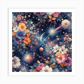 Flowers And Stars Wallpaper Art Print