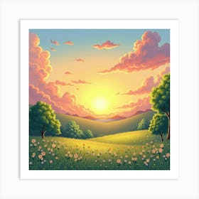 Dreamy Watercolor Sunset Over A Tranquil Meadow 1 Art Print