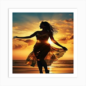 Silhouette Of A Woman Dancing At Sunset Art Print