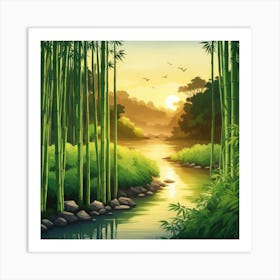 A Stream In A Bamboo Forest At Sun Rise Square Composition 33 Art Print