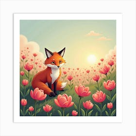 Fox In A Blooming Peony Field 1 Art Print