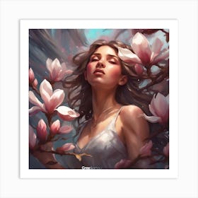 Girl with Magnolia Blossom Art Print