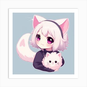 Cute Anime Girl With Cat Art Print