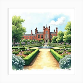 Watercolor View Of The Alnwick Garden In Northumberland, Capturing Its Beautiful Design And Serene Setting Art Print